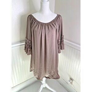 Win Win Pleated Round Neck Ruffle Sleeve Bronze Tunic Top Women‎ Size L/XL